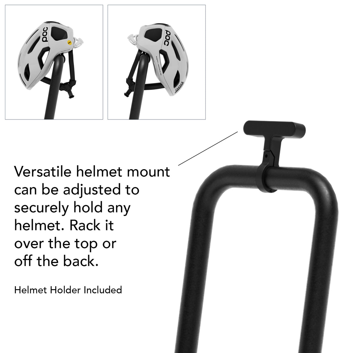 Close-up of the Ready Rack's adjustable helmet mount shown holding a white POC helmet from two angles (over the top and off the back), with descriptive text about its versatility.