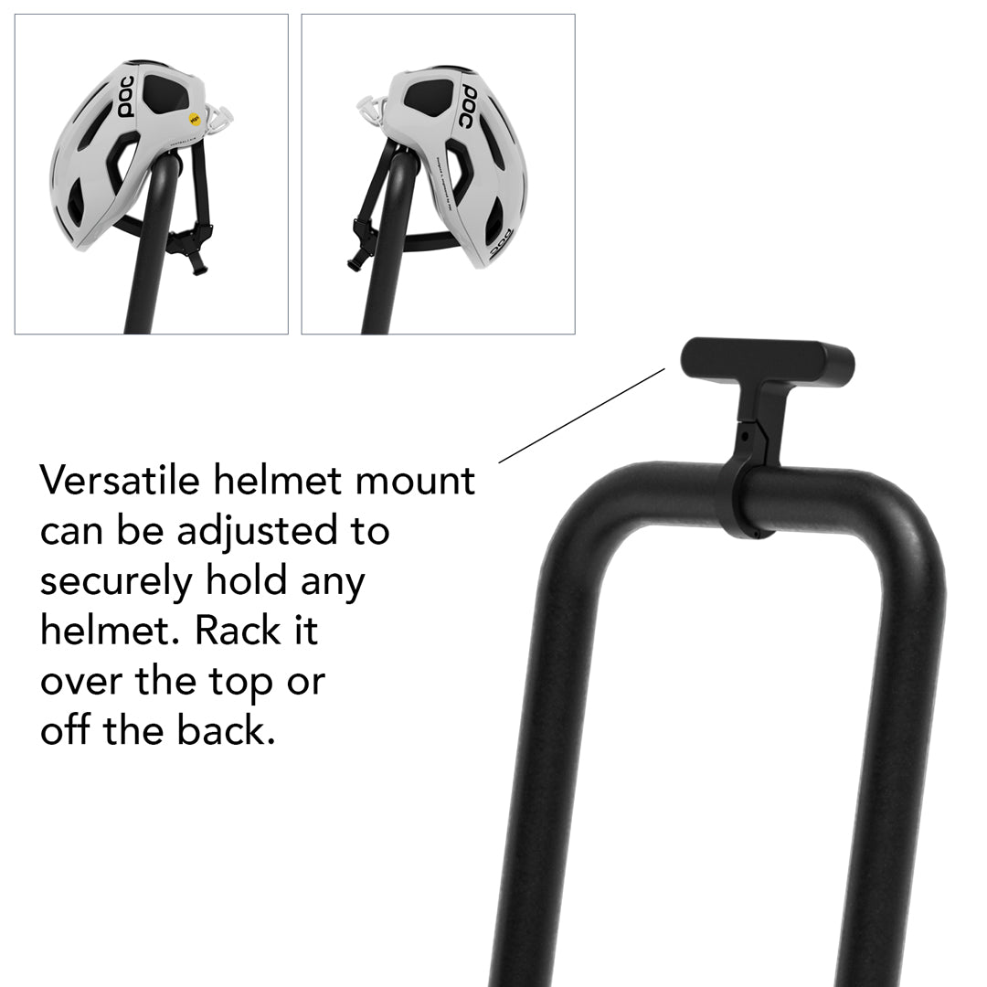 Close-up of the Ready Rack's adjustable helmet mount shown holding a white POC helmet from two angles (over the top and off the back), with descriptive text about its versatility.