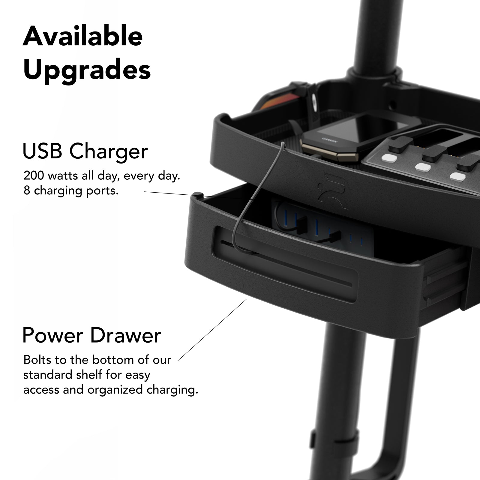 Ready Rack shelf detail showing a 200-watt USB charger with 8 charging ports and a pull-out Power Drawer that bolts to the bottom of the shelf, with a Garmin bike computer resting on top.