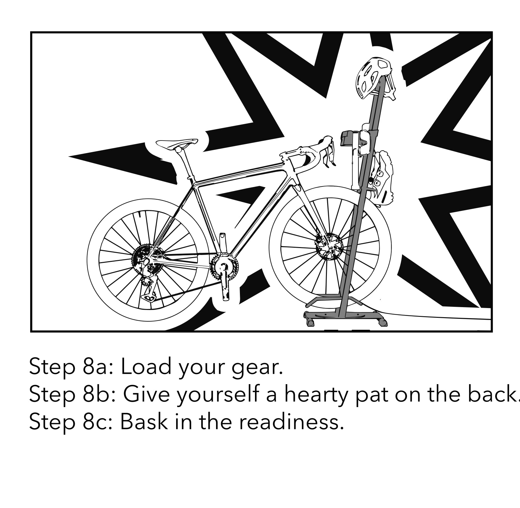Line drawing of a completed setup: a road bike mounted upright on the assembled storage rack with a helmet hanging from the top of the rack, set against a starburst background.