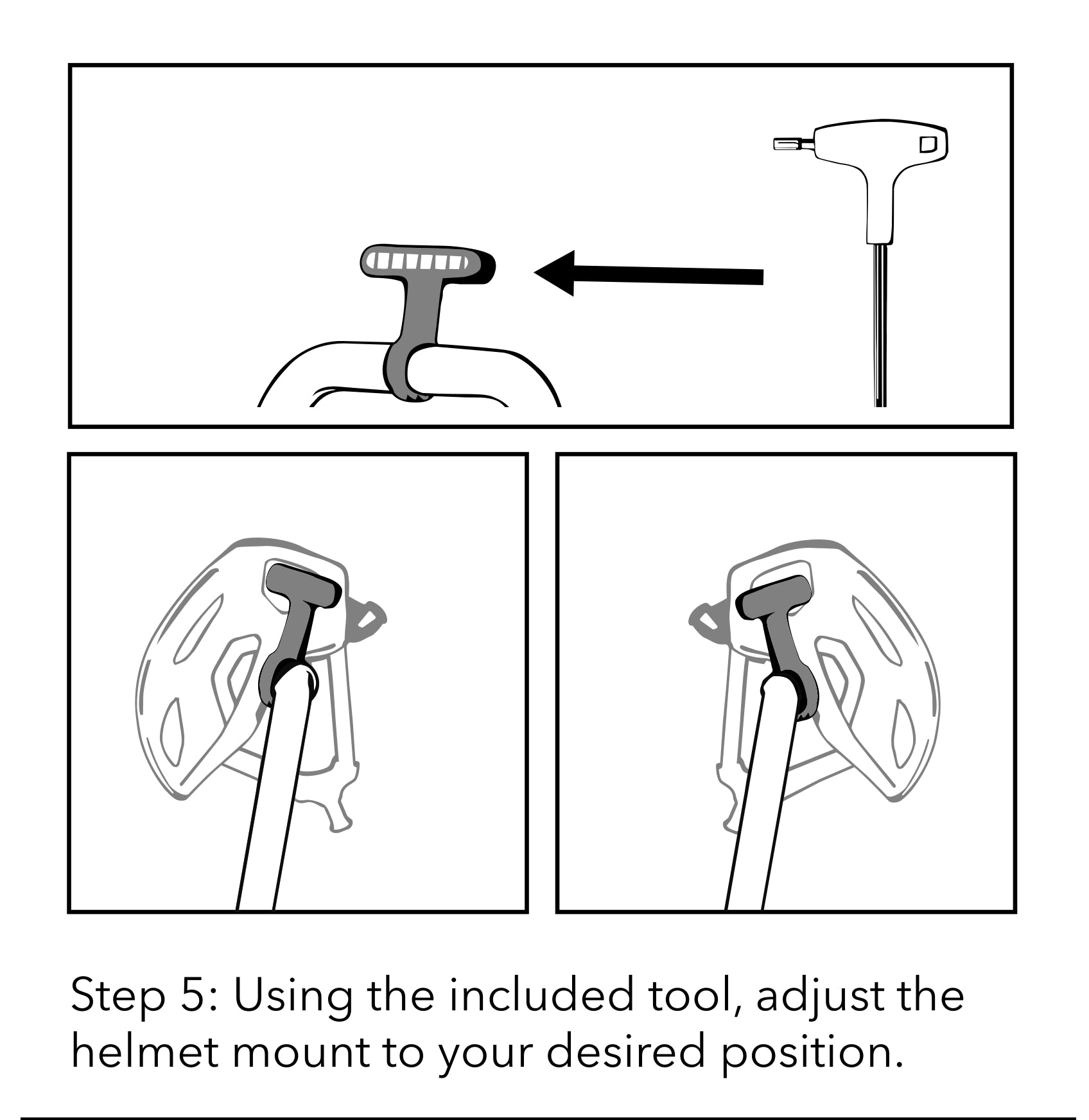 Instruction diagram showing how to adjust a helmet mount using an included tool. The top panel shows the helmet mount with an arrow pointing to a tool, and the bottom panels show the tool being used to adjust the mount on a helmet.