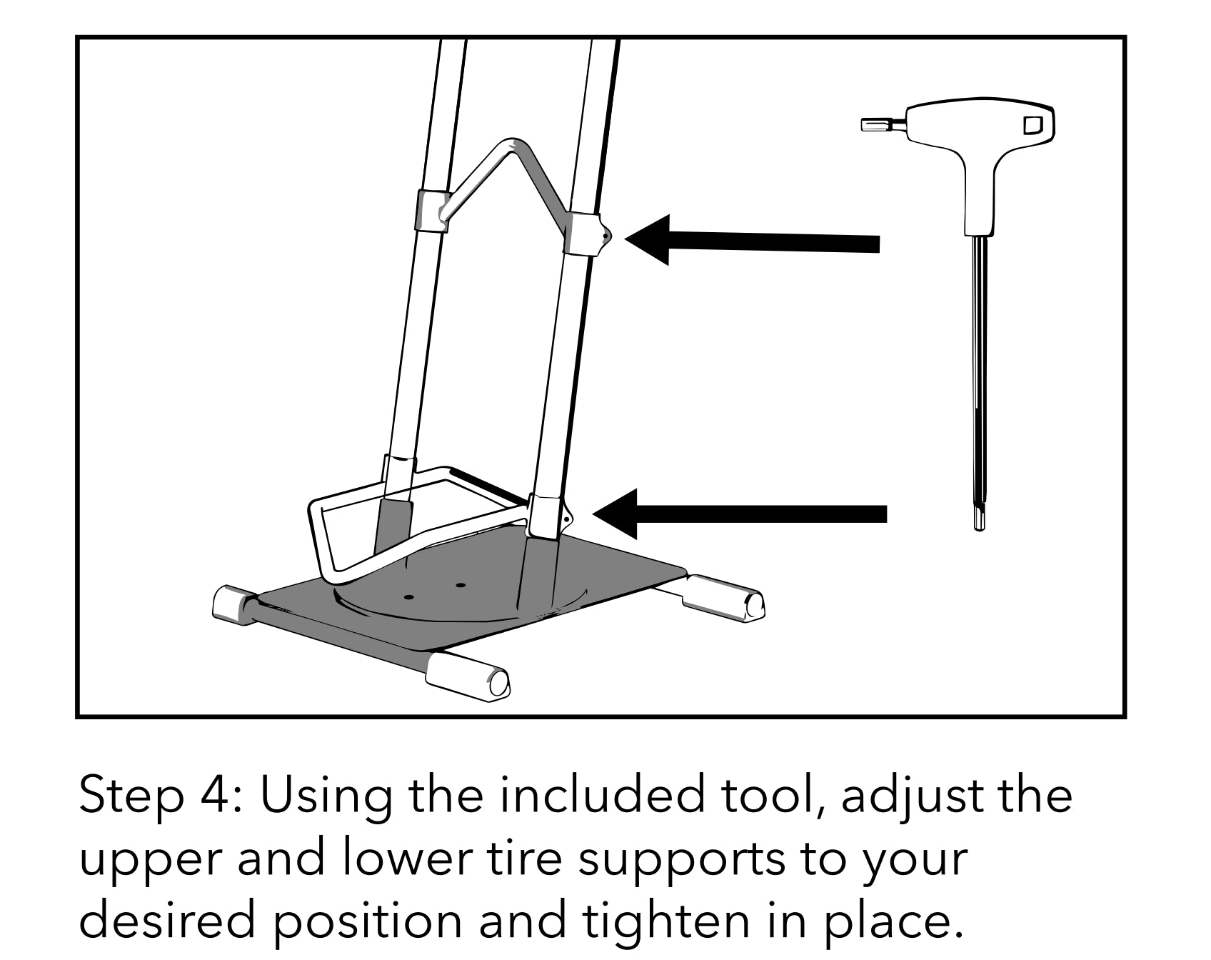 Assembly diagram, Step 4: line drawing of a bike storage rack's upright frame and base, with arrows pointing to the upper and lower tire supports and a T-handle hex tool shown to the side for adjusting and tightening them.