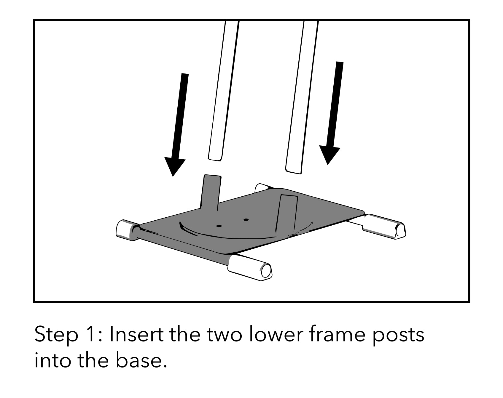 Assembly diagram, Step 1: line drawing of a bike rack base with two downward arrows showing the two lower frame posts being inserted into the base.