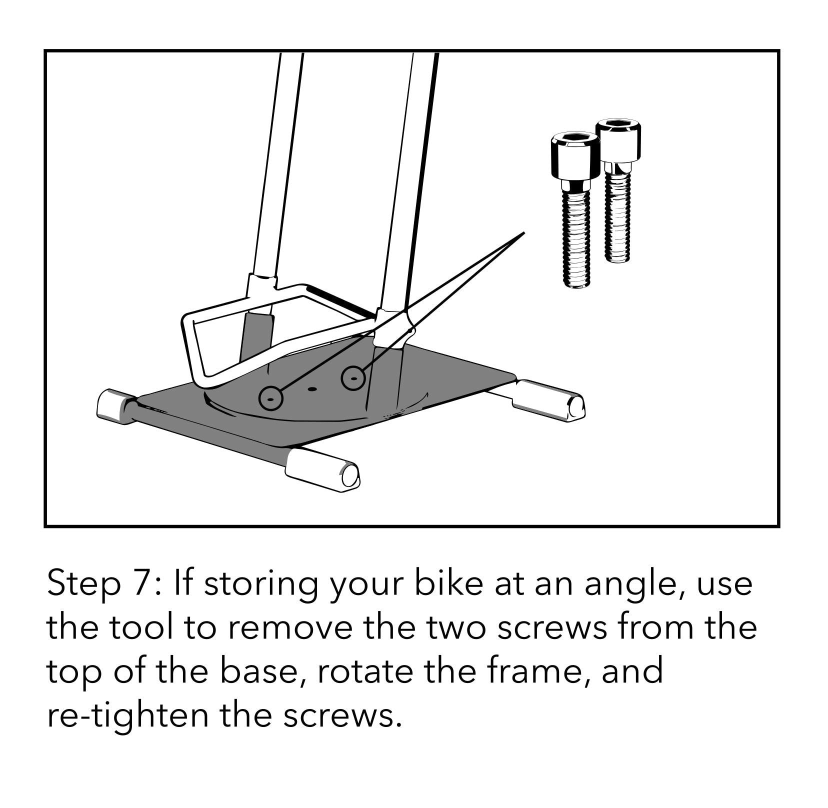 Assembly diagram, Step 7: line drawing of the rack base with callout lines pointing to two screws being removed from the top of the base, and the two removed screws shown separately, to rotate the frame for angled bike storage.