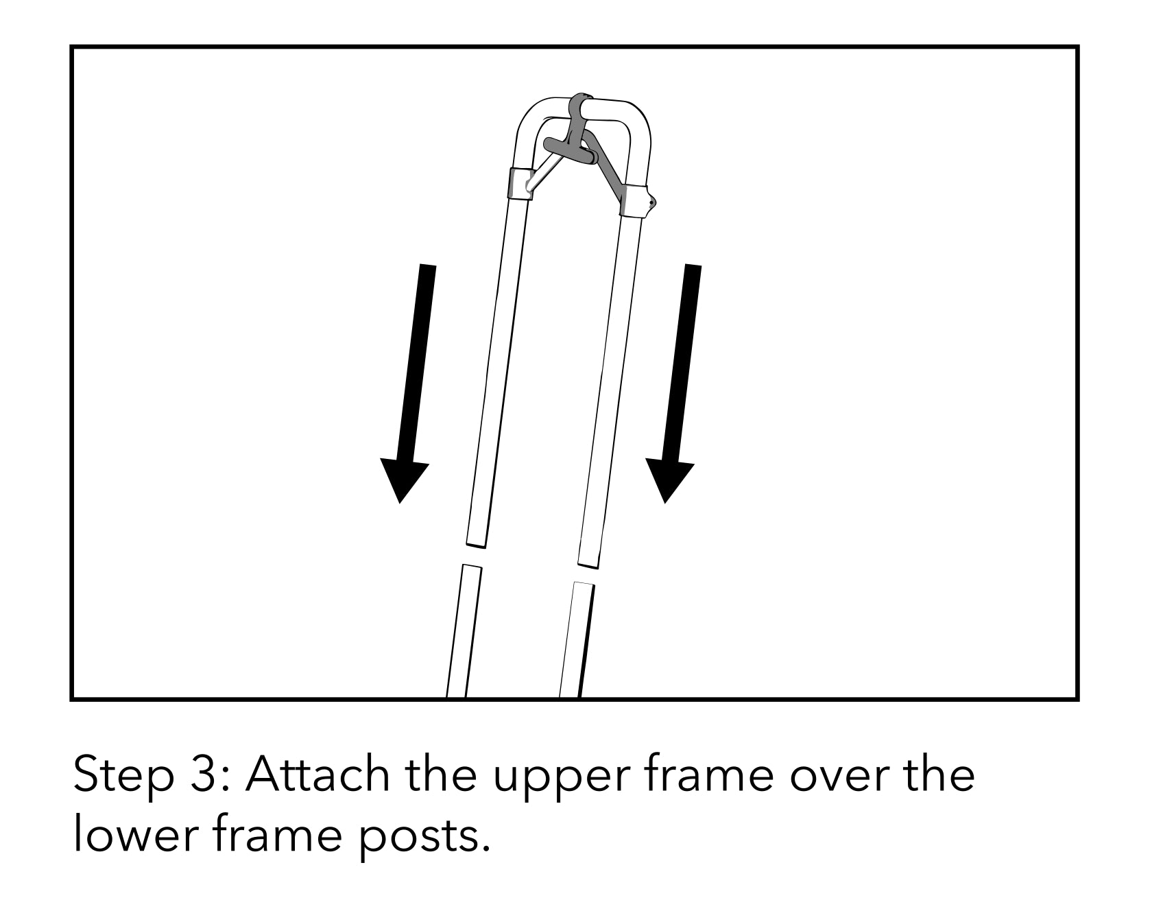 Assembly diagram, Step 3: line drawing of a rack's upper frame being lowered onto the lower frame posts, with two downward arrows indicating the direction to attach it.