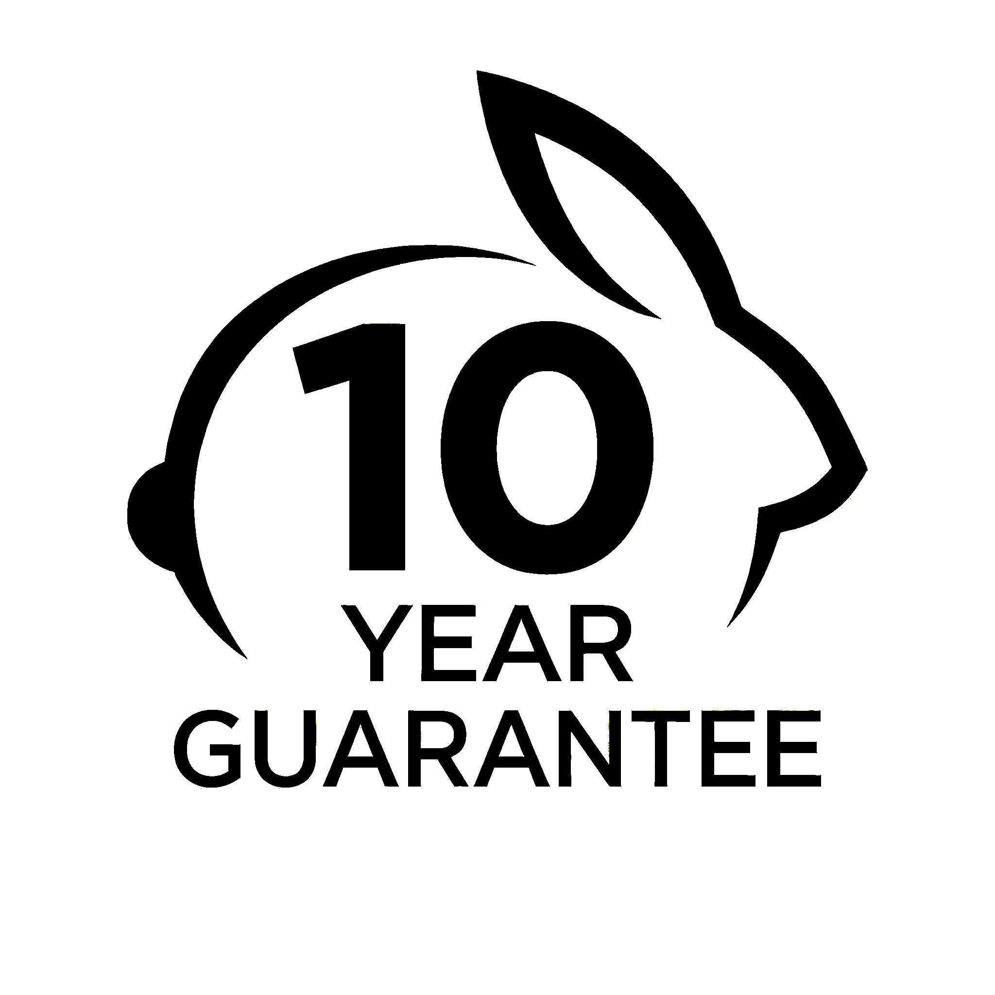 Rack Rabbit 10-Year Guarantee badge featuring a minimalist rabbit silhouette logo with the number 10 inside and the text "10 Year Guarantee" below.