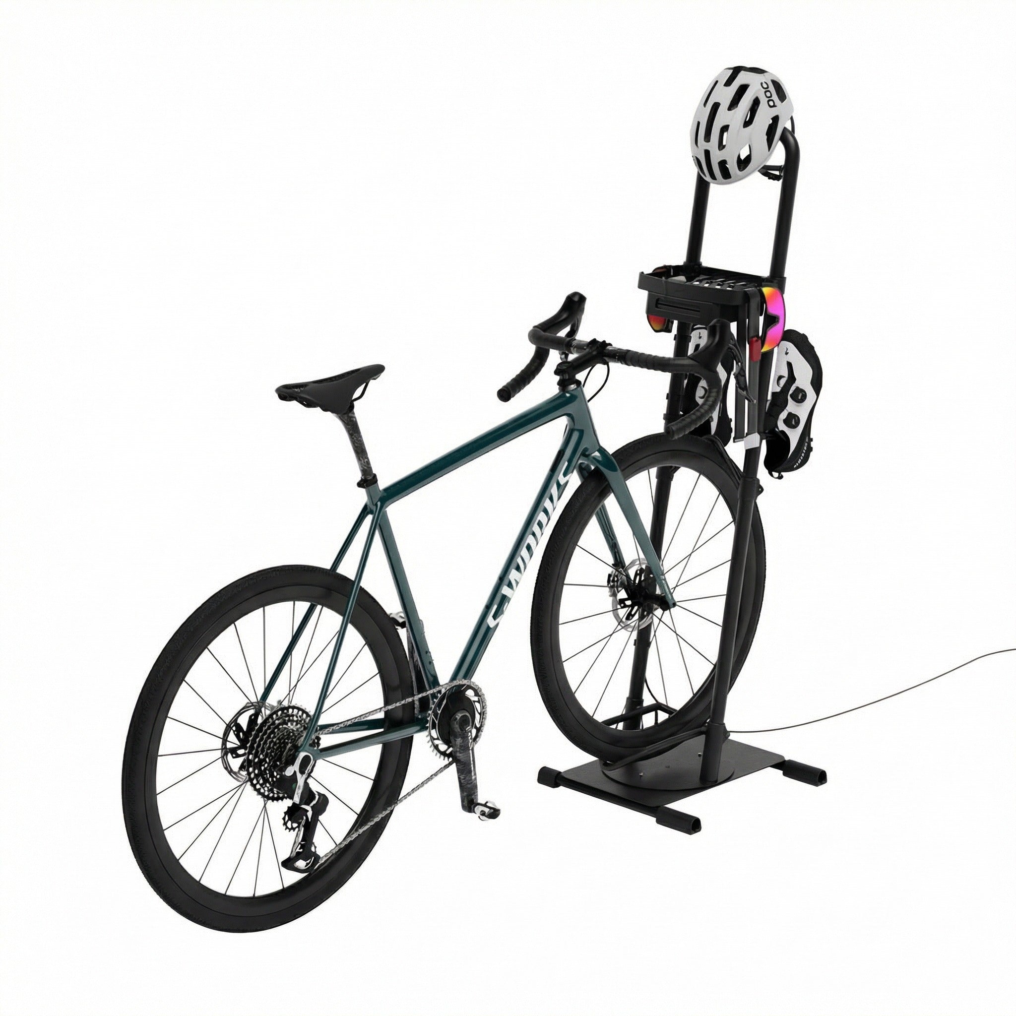 Ready Rack holding a teal Specialized S-Works road bike with helmet, glasses, and shoes organized on the rack, shown against a clean white background.