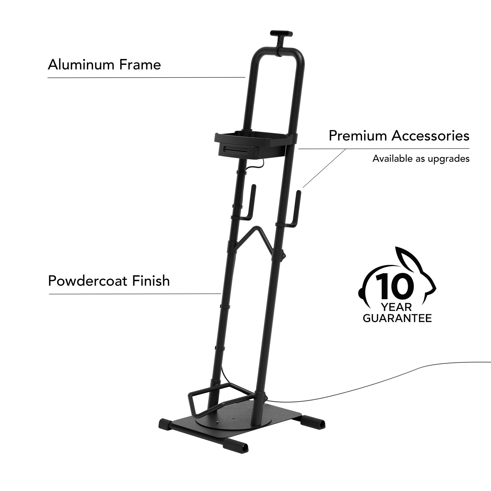 Ready Rack bike storage rack shown without a bike, with labeled callouts pointing to its aluminum frame, powdercoat finish, and premium accessories shelf, alongside the Rack Rabbit 10-Year Guarantee badge.